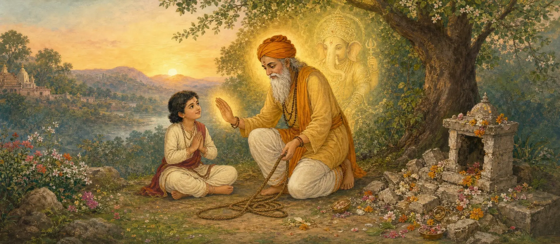 The boy Ballal kneeling in gratitude as the sadhu form of Ganesh finishes untying his ropes at sunset, his true elephant-headed form glowing faintly behind him, beside the broken stone shrine.