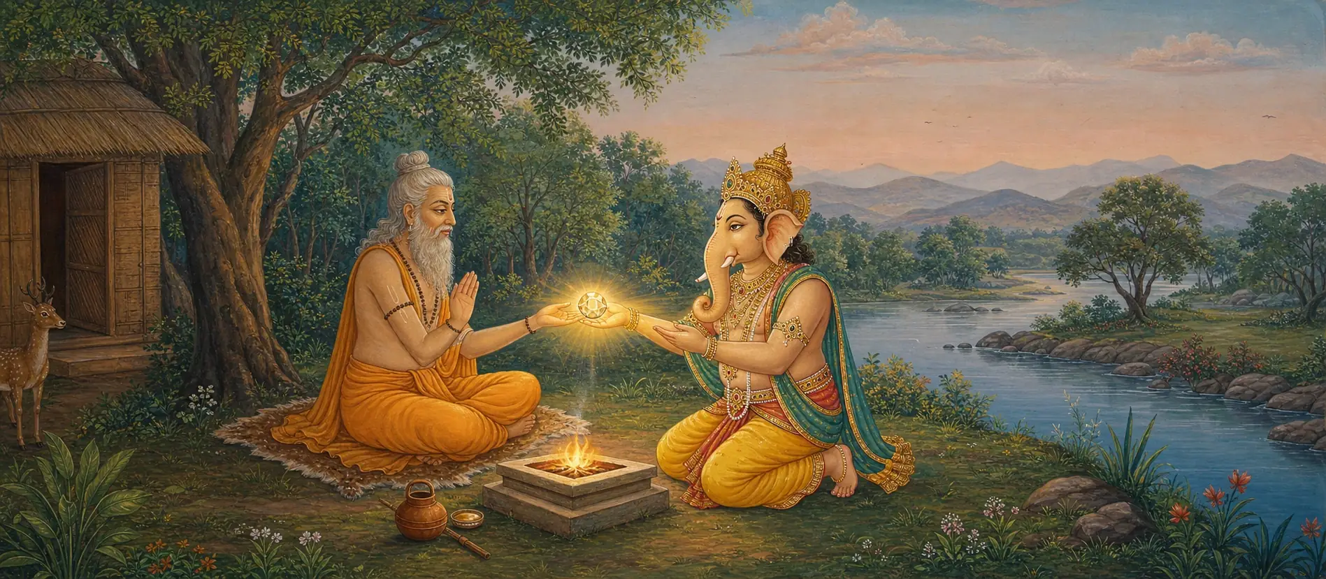 Ganesh kneeling beside a sacred fire to return the glowing Chintamani gem to sage Kapila, a deer and forest hermitage nearby.