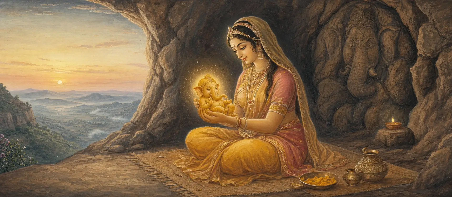 Parvati seated in the cave, tenderly cradling a glowing infant Ganesh newly formed in her hands, an elephant carved into the rock wall behind her.
