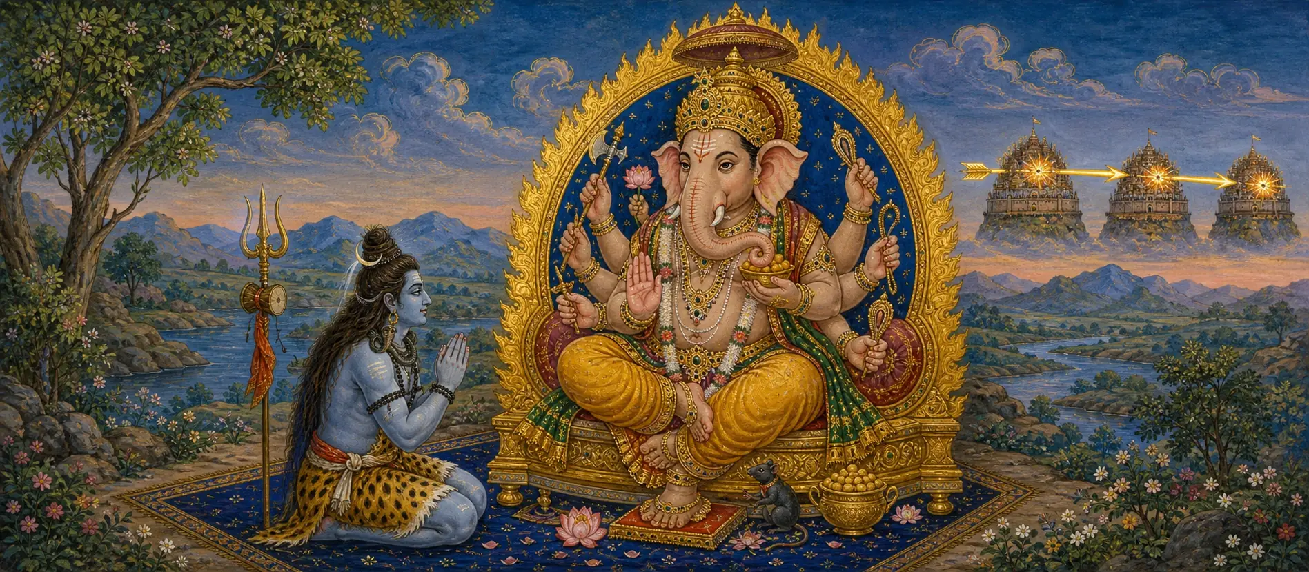 Shiva kneeling in worship before the enthroned, six-armed Mahaganapati, a single luminous arrow seen piercing three floating citadels in the distant sky.