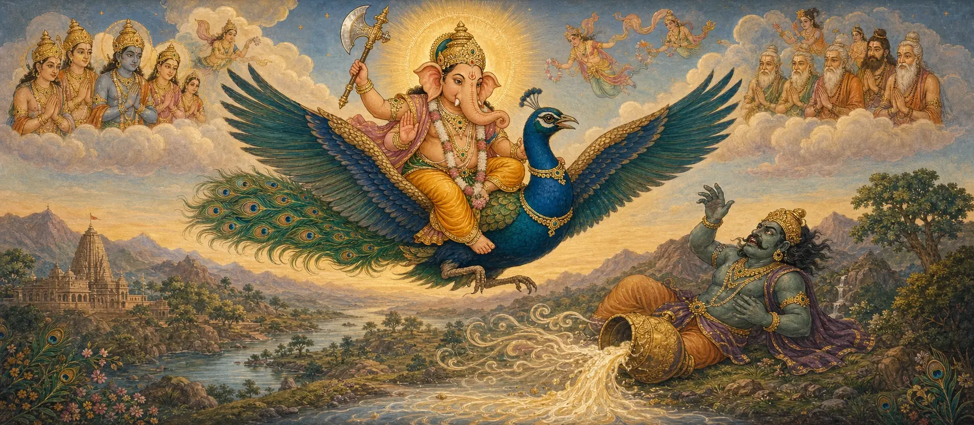 Ganesh riding a great peacock into battle, axe raised, as the demon Sindhu recoils below with his vessel of amrita spilling open, deities watching from the clouds on either side.