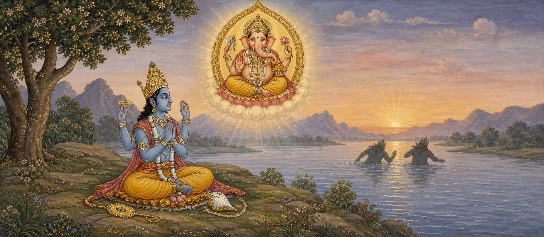 Vishnu seated in penance beside the river at dawn, a radiant vision of Ganesh appearing above him in a golden halo, with the demons Madhu and Kaitabha visible in the water beyond.