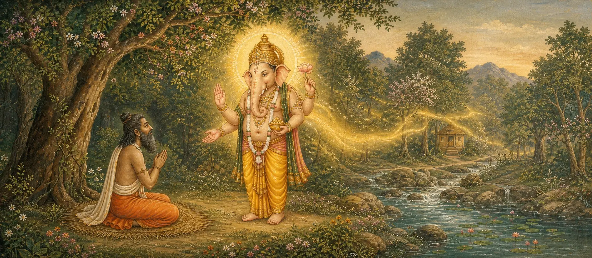 Sage Gritsamada kneeling in devotion beside a forest stream as Ganesh appears before him in radiant light, one hand raised in blessing.
