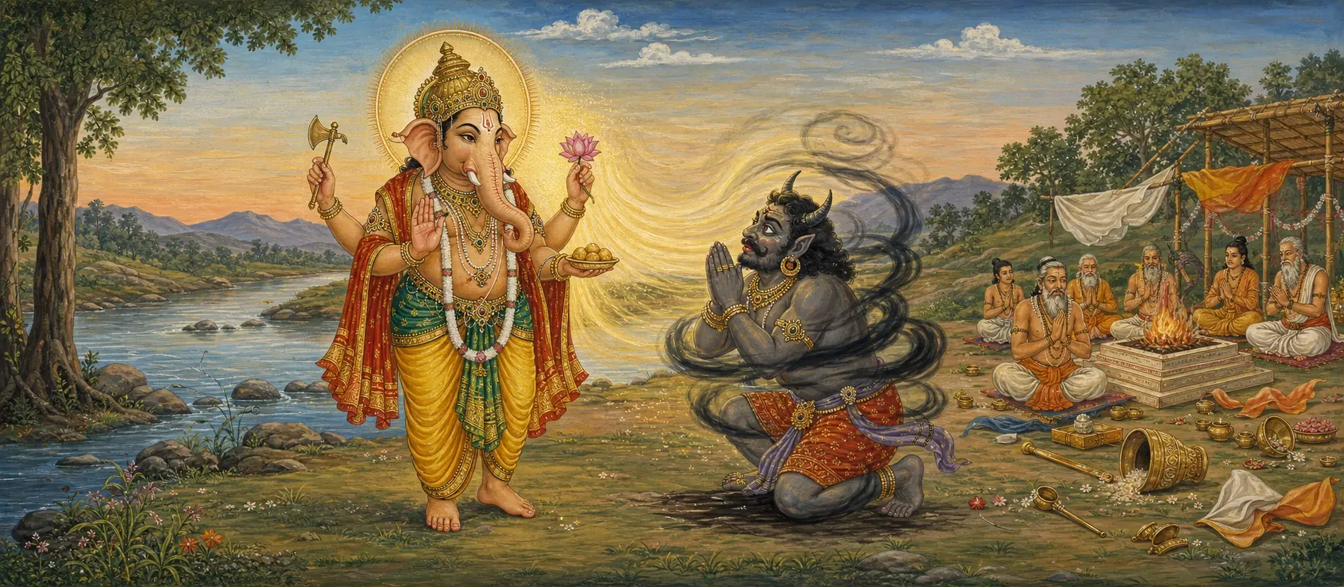 Ganesh standing calmly as the demon Vighnasura kneels in surrender before him, golden light streaming between them while sages continue their ritual fire nearby.