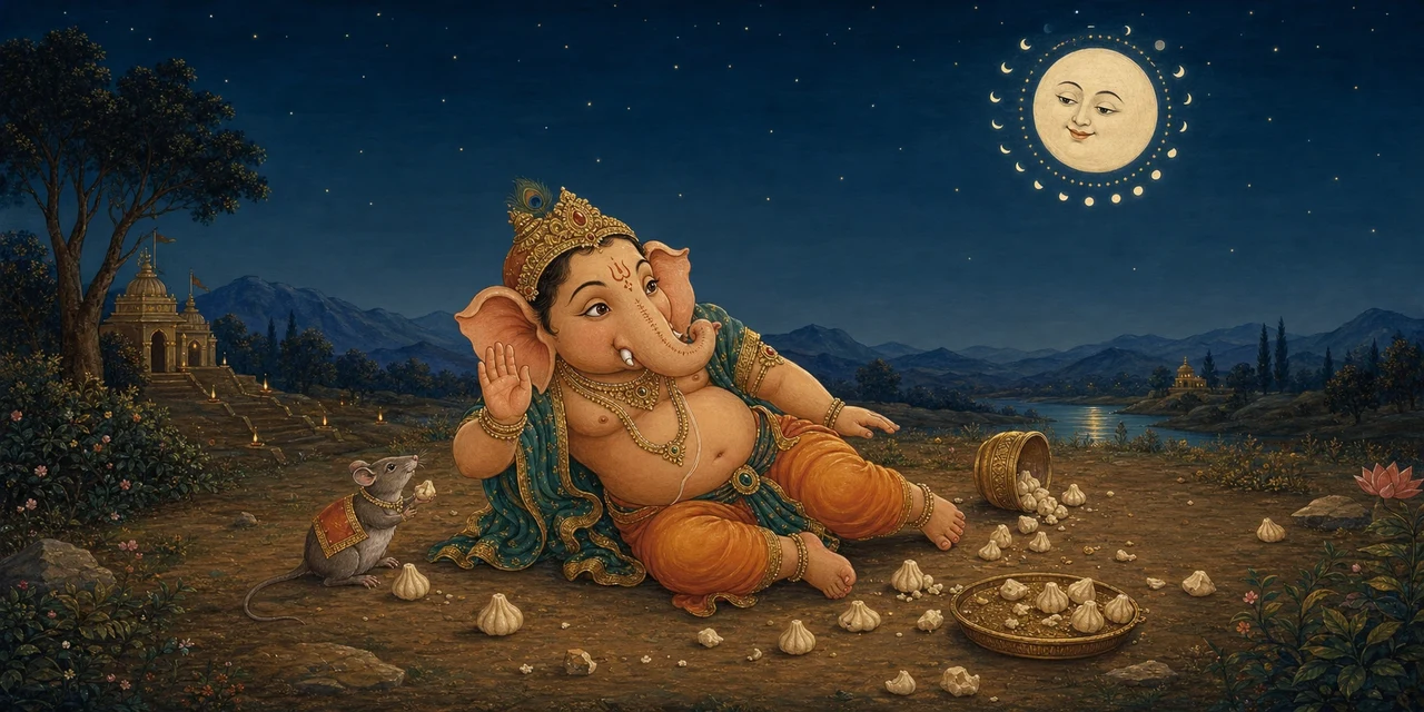 Young Shree Ganesh reclining on the ground at night beside his mouse mount, spilled modaks scattered around him, one hand raised toward a laughing crescent moon overhead, with a lakeside temple in the background.