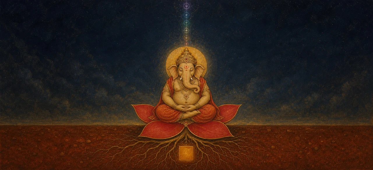 Shree Ganesh seated in meditation atop a red lotus, haloed in golden light, with a column of light rising above his crown against a deep night sky, a symbolic depiction of the Muladhara root chakra.