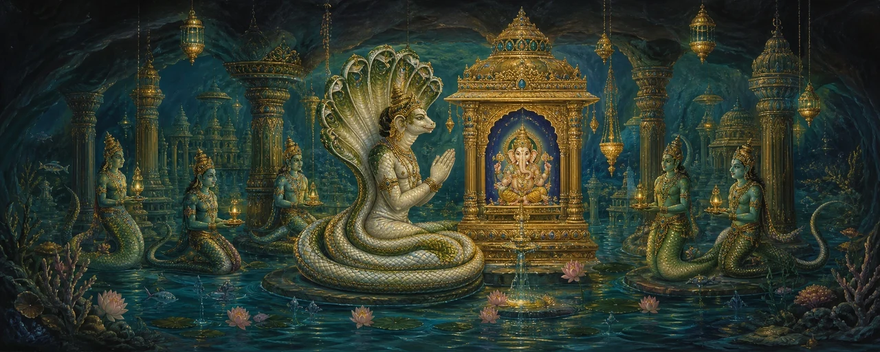 The great serpent-king Shesha, hoods spread and hands folded in worship, kneels before a golden shrine holding a small image of four-armed Shree Ganesh, flanked by serpent attendants in an underwater palace.
