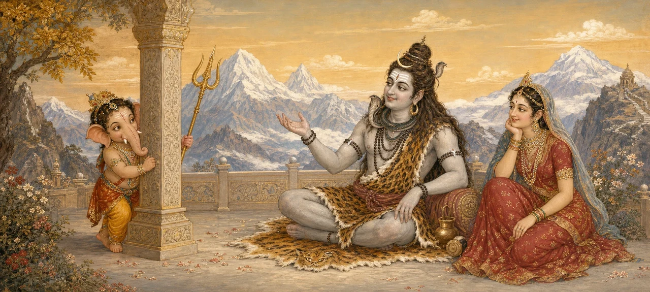Child Shree Ganesh peeks out from behind a carved pillar clutching Shiva's trident, while Shiva sits nearby gesturing as if searching for it, with Parvati looking on and snow-capped Himalayan peaks behind them.