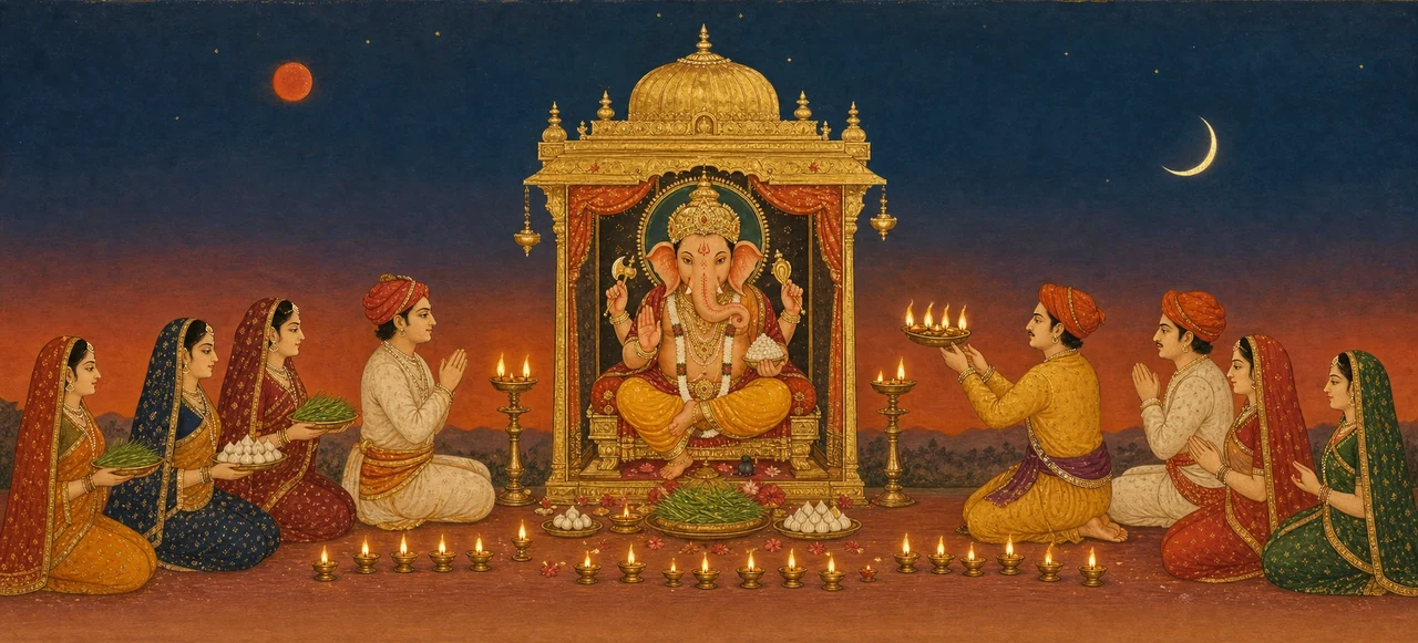 A four-armed idol of Shree Ganesh enthroned on a golden platform at dusk, devotees kneeling on both sides in prayer and offering lit lamps and food, with a crescent moon in the sky above.