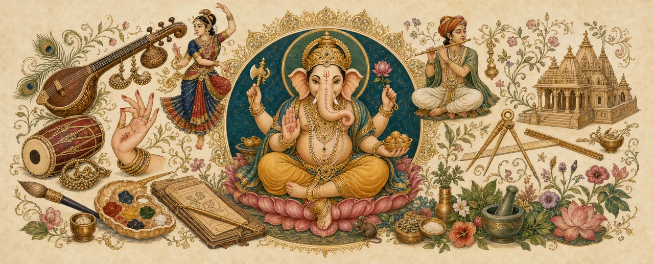 Four-armed Shree Ganesh seated on a lotus at the center of a circular medallion, surrounded by symbols of the sixty-four arts, a veena and drum, a dancer, a flute player, temple architecture, and an artist's palette and brush.