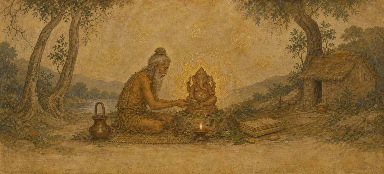An aged, bearded sage kneels in a forest hermitage beside a river, offering a flower to a small stone image of four-armed Shree Ganesh that glows with a golden halo of lotus petals.