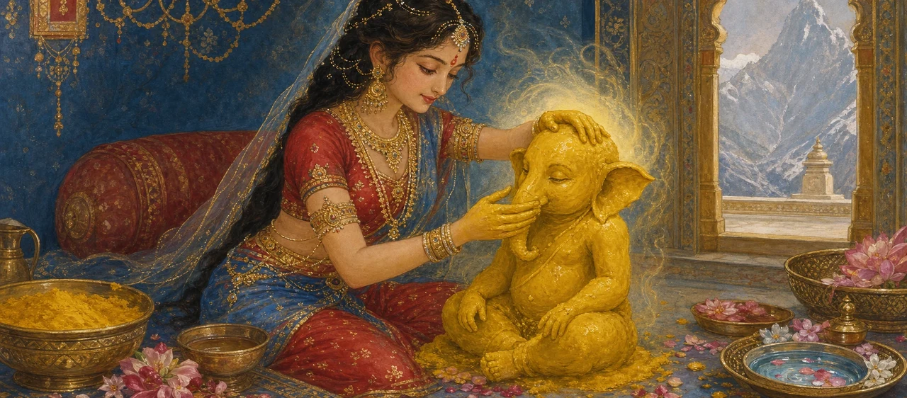 Goddess Parvati gently touches the face of a glowing golden child figure of Shree Ganesh that she has shaped from turmeric paste, seated in a chamber with a mountain view through the window.