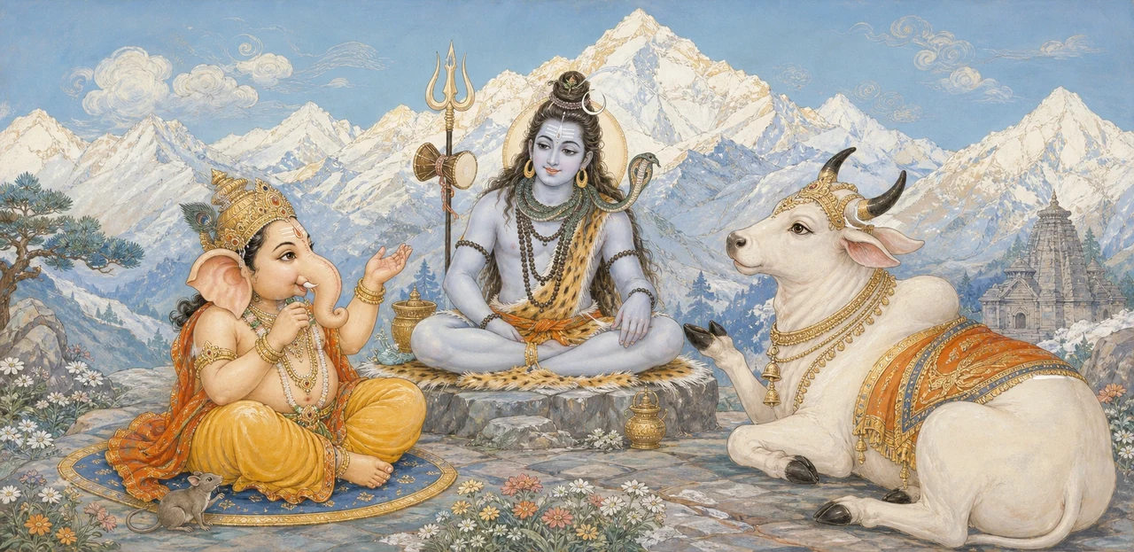 Child Shree Ganesh and Nandi the bull face each other in animated conversation, with Shiva seated cross-legged between them and snow-capped Himalayan peaks and a temple in the background.