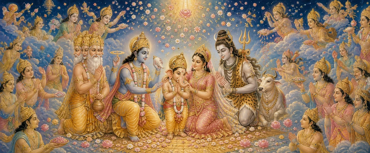 The restored child Shree Ganesh stands with folded hands as four-headed Brahma, blue-skinned Vishnu holding a conch, and Shiva with his trident and bull Nandi bless him, celestial figures showering flower petals from the sky above.