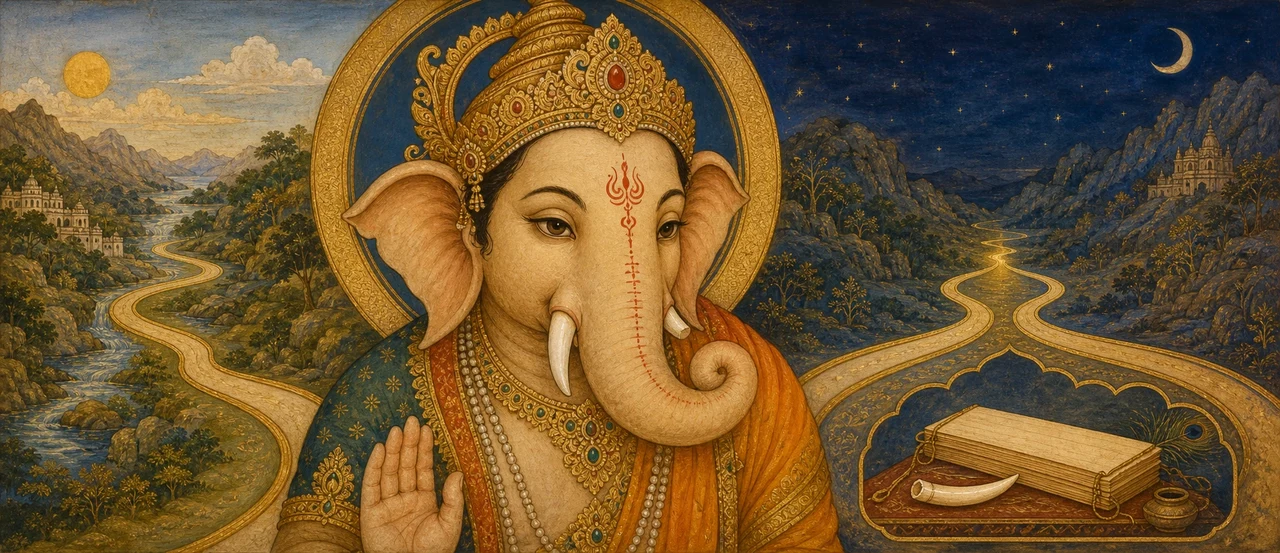 A close portrait of Shree Ganesh's face, one tusk whole and the other broken short, two paths diverging and reuniting in the landscape behind him, evoking unity beyond duality.