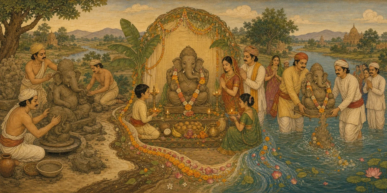 Artisans shape an unpainted clay image of Shree Ganesh by a riverbank shrine, devotees offering flowers and lamps, while nearby another completed idol is gently immersed into the river's current.