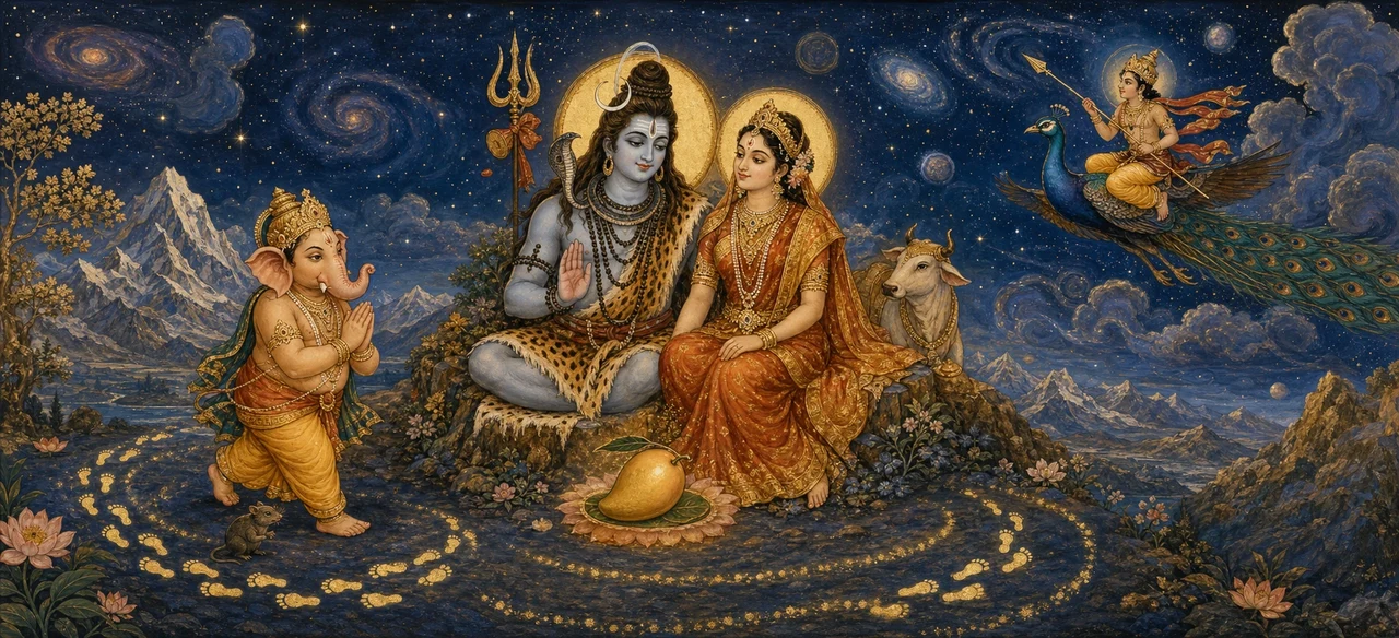 Shree Ganesh walks with folded hands in a circle around his seated parents Shiva and Parvati on a moonlit mountainside, a fruit resting on the ground nearby, while his brother Kartikeya is seen flying off on his peacock in the distance.