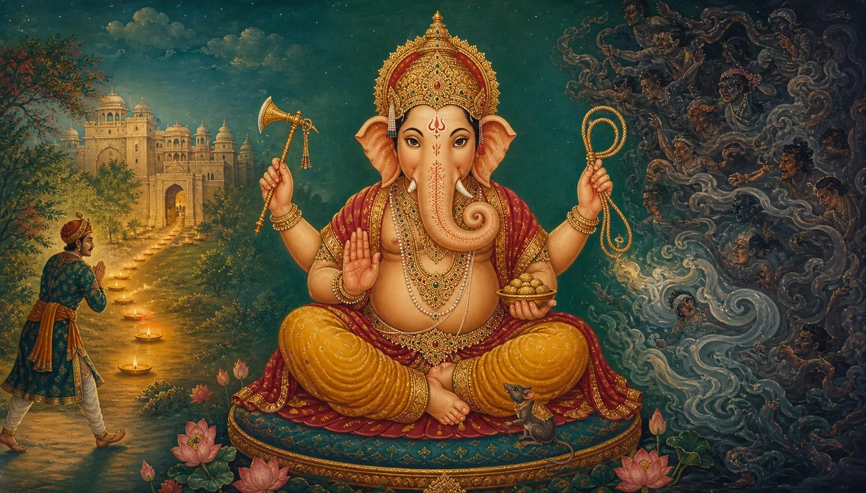 Four-armed Shree Ganesh seated in golden splendor, one hand holding an ornate elephant goad (ankusha) and another a coiled noose (pasha), a small mouse at his feet, a shrouded host of restless figures dispersing into shadow beside him.