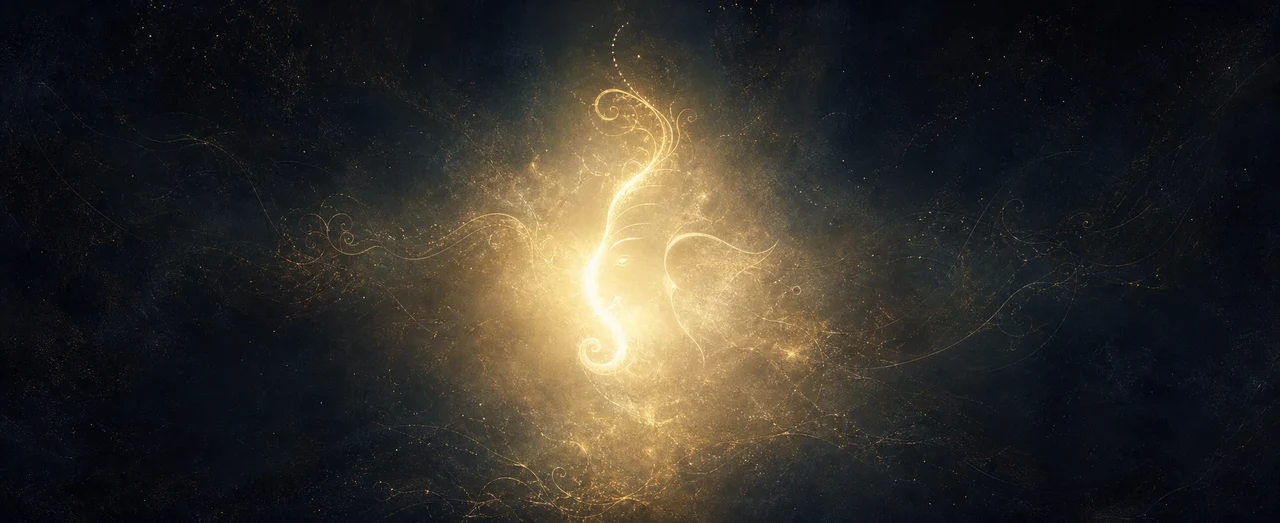 A luminous, formless silhouette of an elephant-headed form glowing golden-white against an infinite dark cosmic void, evoking Shree Ganesh's existence before creation itself.