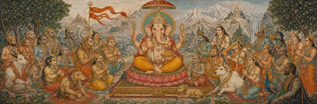 Four-armed Shree Ganesh enthroned on a lotus beneath a royal umbrella, surrounded by a large assembly of diverse ganas, animal-headed and celestial beings, bowing in devotion before him.