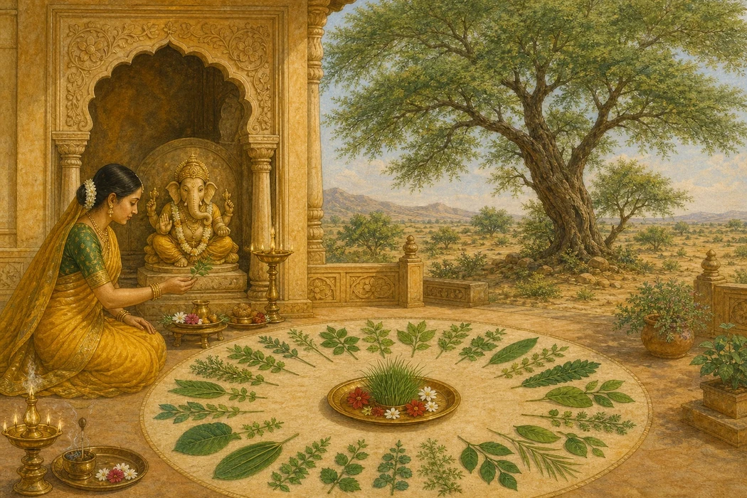 A devotee kneels beside a circle of twenty-one sacred leaves arranged for Shree Ganesh's puja, offering a Shami leaf toward a small shrine image, a solitary Shami tree standing in the arid landscape beyond.