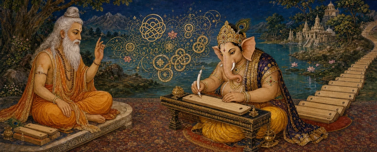 Shree Ganesh writes continuously with his broken tusk as sage Vyasa recites beside him, golden Sanskrit verses swirling in the air between them, a long bridge of inscribed palm-leaf pages stretching into the distance.