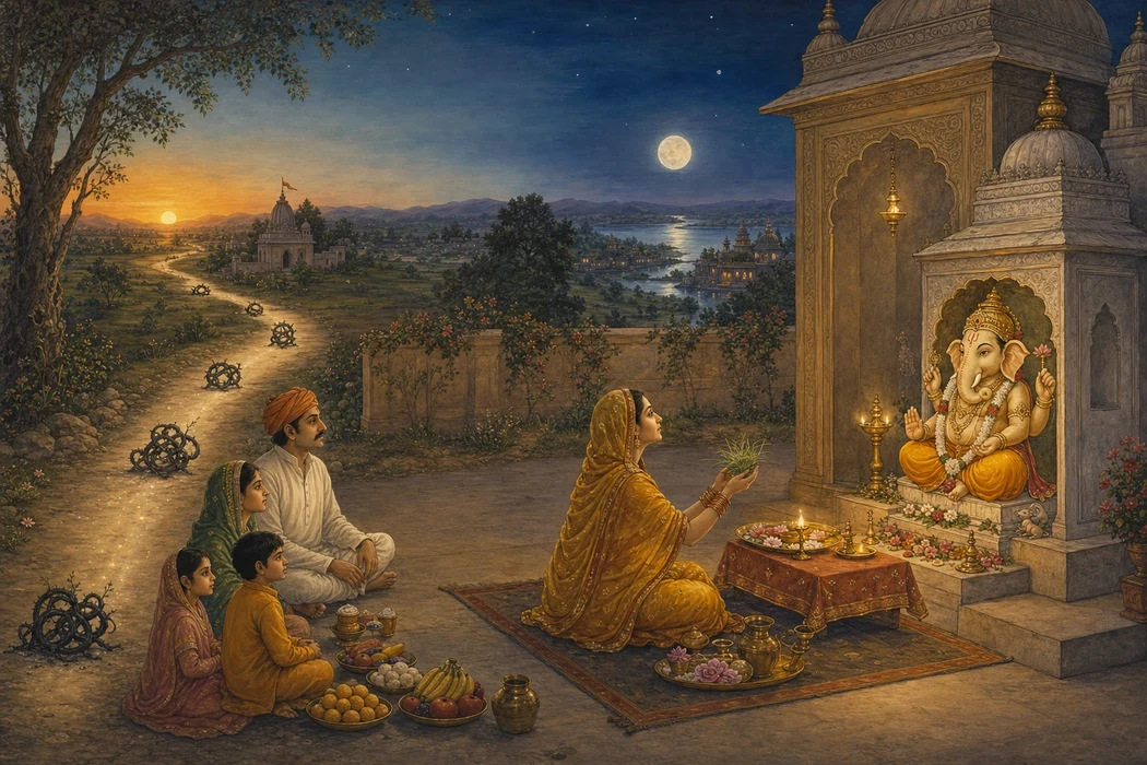 A family sits in fasting prayer at dusk before a wayside shrine to Shree Ganesh, a mother offering grass and flowers as the full moon rises over a distant lakeside town, plates of food waiting to be shared.