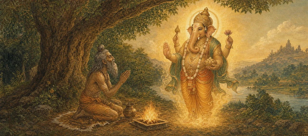 An elderly sage kneels in prayer beside a fire under a tree, as a radiant four-armed Shree Ganesh appears before him in golden light, extending a blessing.