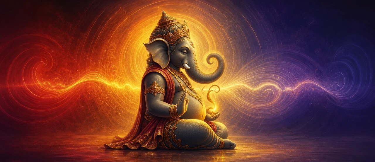Shree Ganesh's profile, trunk, ear, and rounded form, rendered as a glowing golden-red silhouette that echoes the curve of the Om symbol, set against a swirling cosmic backdrop.