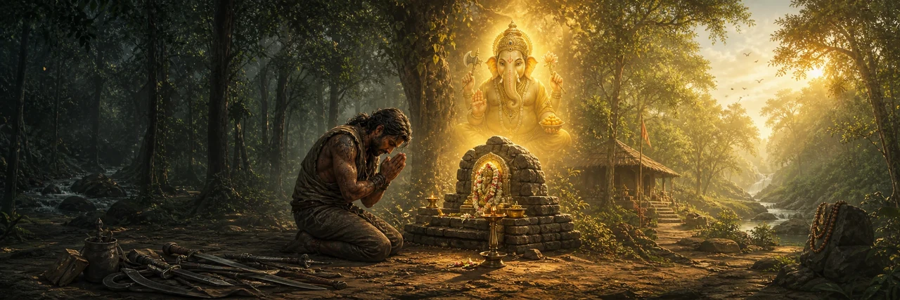 A hardened, weathered man kneels in repentance with his weapons cast aside on the ground, as a luminous four-armed Shree Ganesh appears above a small forest shrine, illuminating the dawn scene.