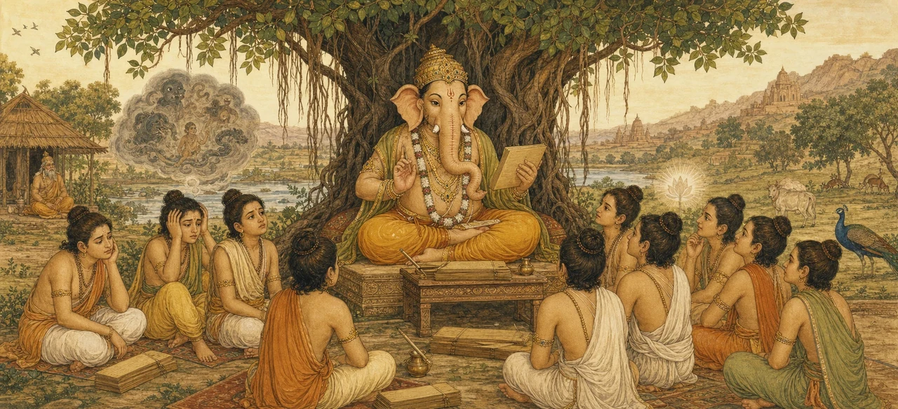 Shree Ganesh seated beneath a great banyan tree holding palm-leaf pages, teaching a circle of attentive young students gathered around him in an open-air hermitage.