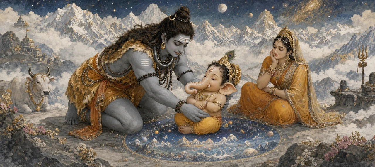 Shiva kneels to gently touch the chin of infant Shree Ganesh, who sits calmly on a glowing star-and-planet patterned sphere, as Parvati and the bull Nandi look on amid snow-capped peaks.