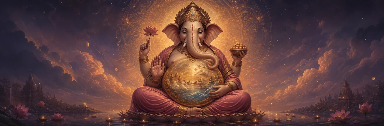 Four-armed Shree Ganesh seated in golden radiance on a lotus at night, holding a lotus flower and a bowl of sweets, his rounded belly rendered as a glowing globe containing a miniature world within it.
