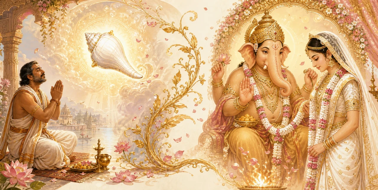 A devout man kneels in prayer beneath a glowing conch shell in the sky, beside a scene of four-armed Shree Ganesh and a bride exchanging garlands in a wedding blessing.