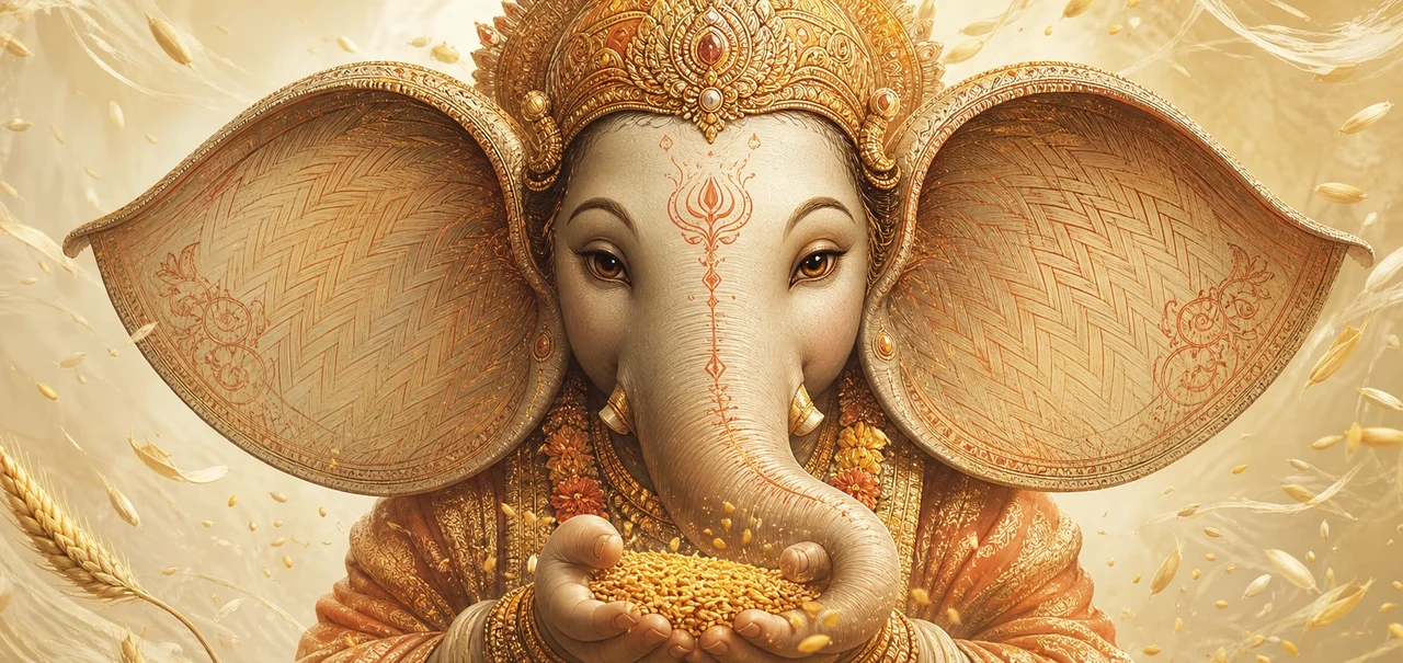 A close portrait of Shree Ganesh's face, his large fan-shaped ears rendered with a woven, basket-like texture, with golden grains and chaff drifting near them.
