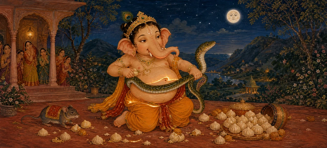 Child Shree Ganesh seated outdoors at night, tying the serpent Vasuki around his belly like a belt, with his mouse companion and scattered modak sweets nearby, women watching from a pillared porch in the background.