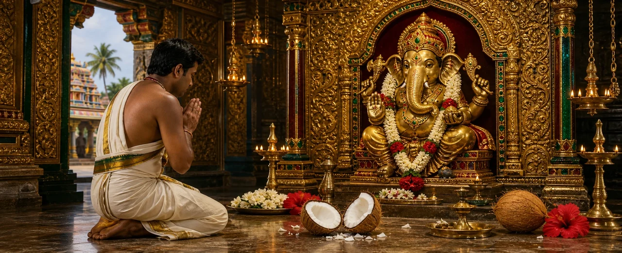 A devotee kneels in prayer before a golden Ganesha shrine, a coconut freshly broken open on the floor before him, its white flesh visible, oil lamps and a distant temple gopuram framing the scene.