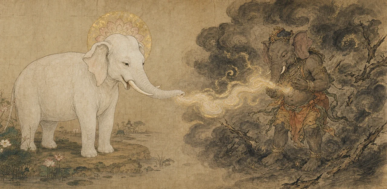 A white, haloed elephant form representing Bodhisattva Kannon breathes a stream of golden light toward a wrathful elephant-headed Vinayaka wreathed in dark storm clouds, in the style of a Japanese ink and gold-leaf scroll painting.