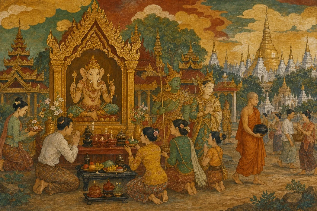 A golden shrine image of elephant-headed Maha Peinne enthroned amid a Burmese Buddhist temple scene, devotees kneeling in offering before him and a monk walking past, gilded stupas rising in the background, painted in the style of a Burmese temple mural.
