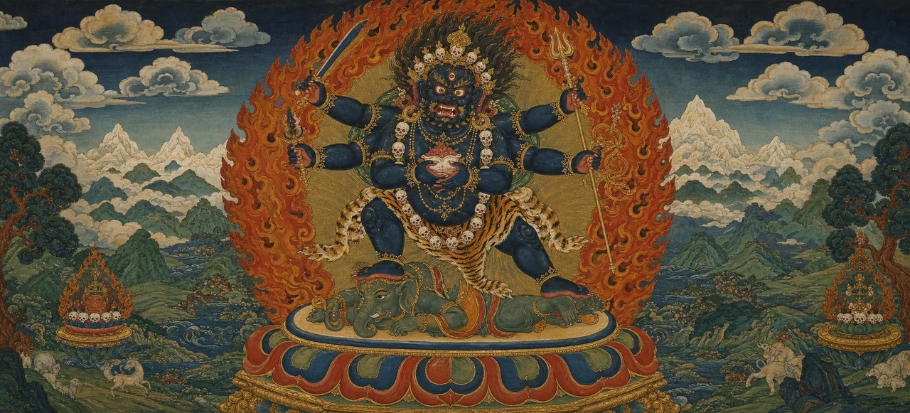 The six-armed, dark-blue wrathful protector Mahakala, wreathed in flames and adorned with skulls, stands with both feet upon a smaller green elephant-headed Vinayaka figure lying calmly beneath him, snow peaks in the distance.