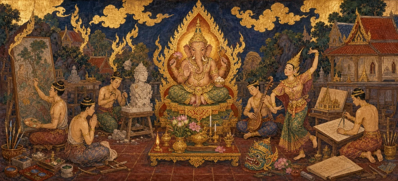 Four-armed Phra Phikanet seated on a golden throne, surrounded by artists at work, a painter, a sculptor, a musician, a dancer, and an architect, within a Thai temple courtyard.