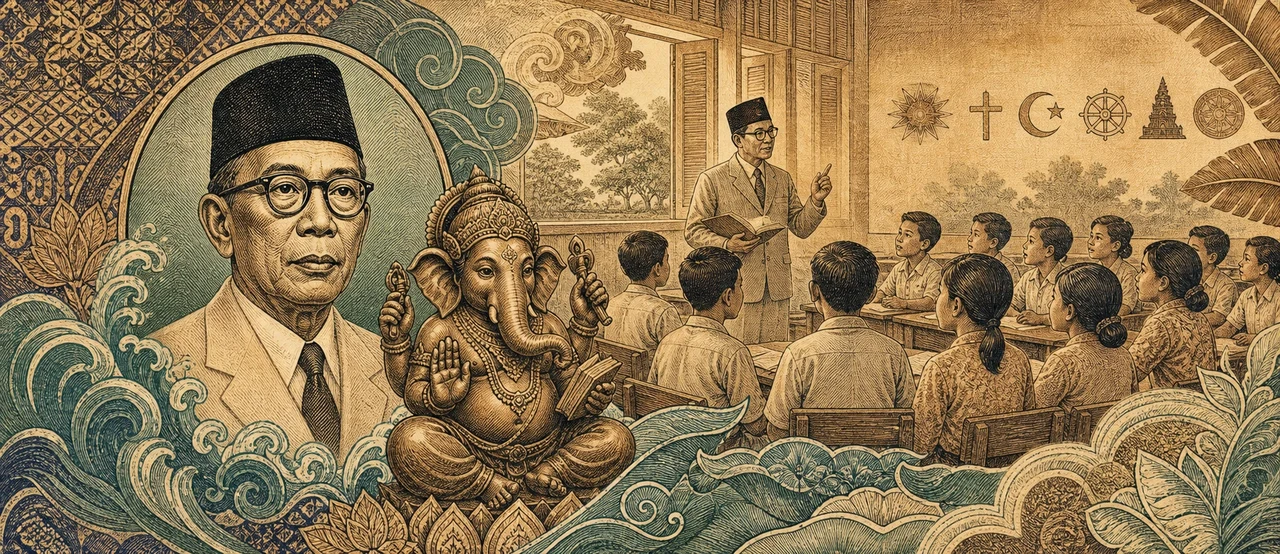 A stylized illustration evoking Indonesia's educational heritage, pairing a portrait of Ki Hajar Dewantara with a seated bronze Ganesha figure, a classroom of students and interfaith symbols in the background.