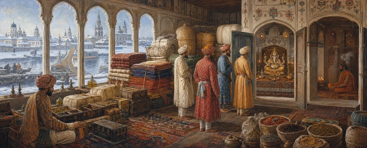 Indian merchants in turbans and robes stand before a small shrine housing a golden Ganesha image within a snowbound trading house in Astrakhan, Russia, ships and onion-domed churches visible through arched windows.