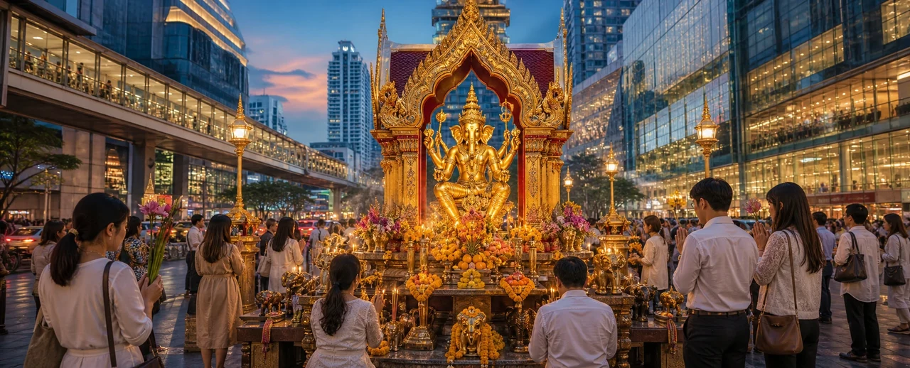 A golden four-armed Ganesha shrine stands amid offerings of flowers and incense as devotees pray before it, modern glass skyscrapers and city lights of Bangkok's CentralWorld district rising behind at dusk.