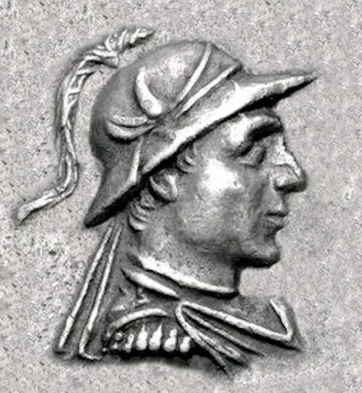 A profile portrait on an ancient coin of the Indo-Greek king Hermaeus.