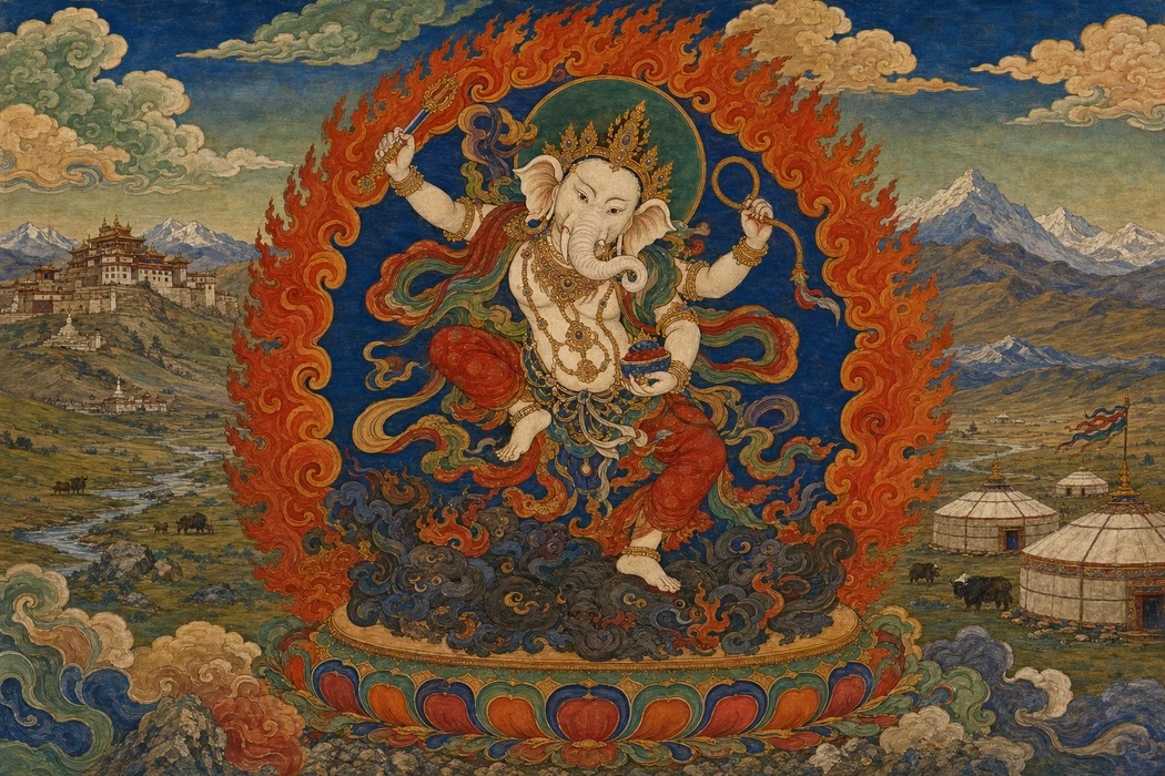 A fierce, multi-armed dancing elephant-headed protector deity encircled by flames on a lotus throne, a Mongolian steppe monastery, yurts, and grazing yaks visible in the landscape behind, rendered as a Tibetan-Mongolian thangka painting.