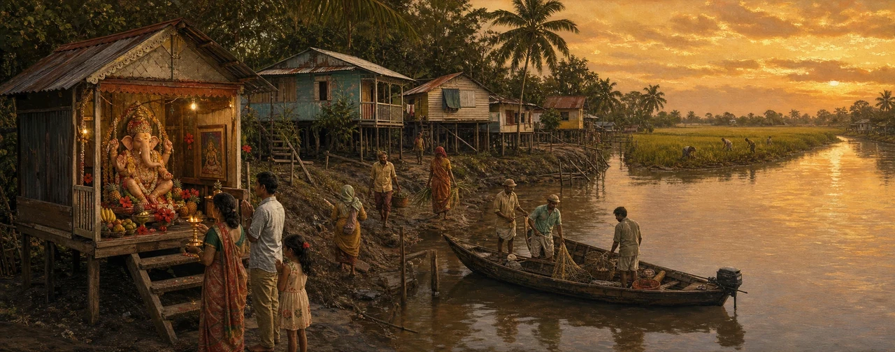 A small wooden riverside shrine holding a Ganesha idol stands on the muddy banks of the Demerara River, Guyana, a family offering prayers as fishermen work nearby at sunset.