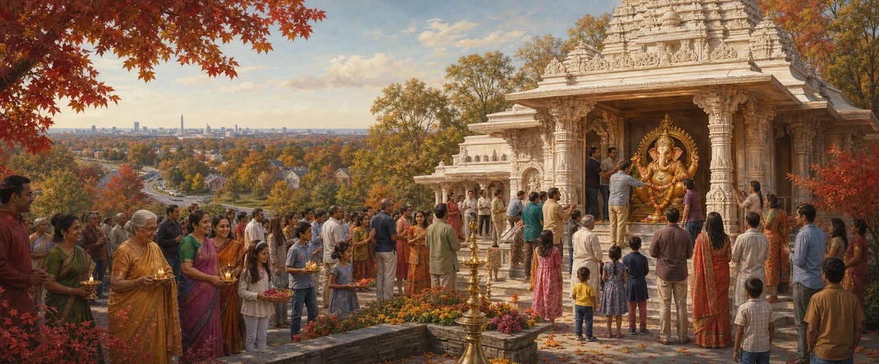 A crowd of devotees in traditional and Western dress gathers before a white marble Hindu temple in suburban Virginia, autumn foliage and a distant city skyline visible beyond the hillside.