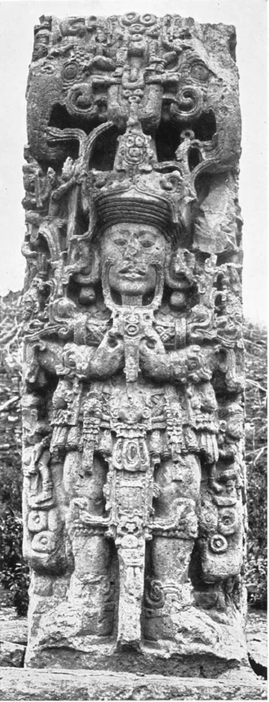 Stela B at Copan, Honduras, a carved Maya monument whose ornate headdress was once mistakenly linked to elephant imagery.