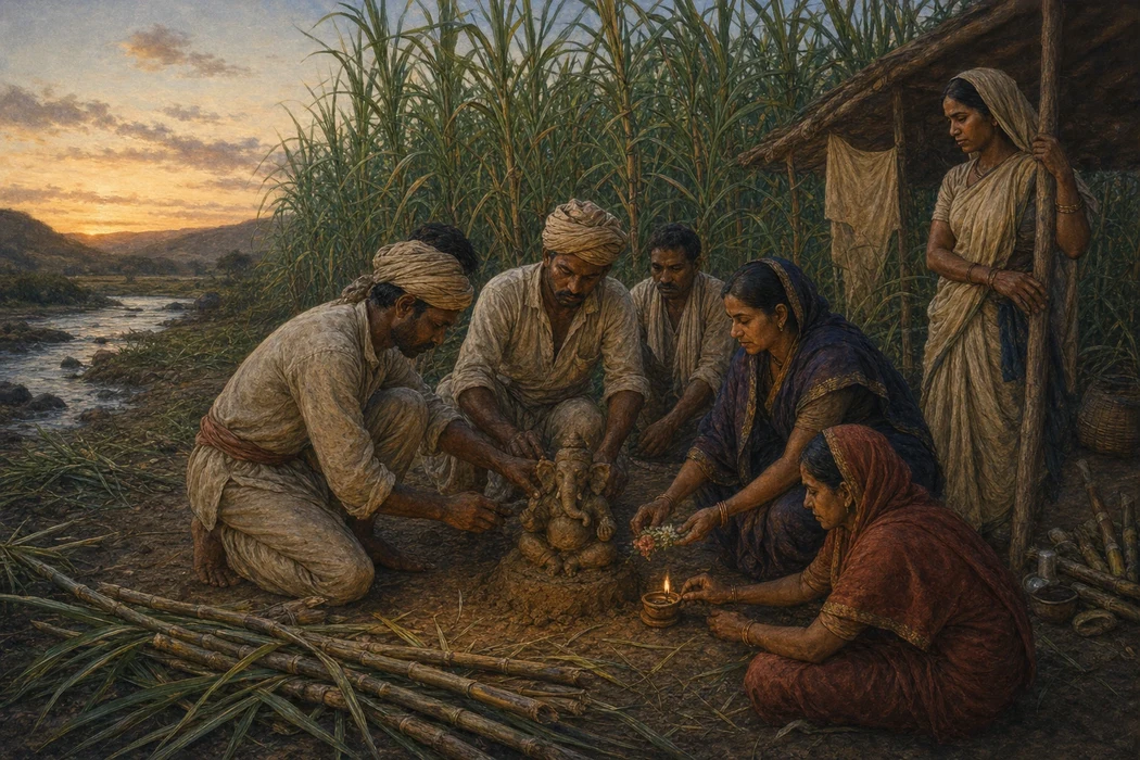 Indian indentured laborers in colonial-era South Africa kneel together shaping a small clay image of Ganesha by a riverbank at dusk, sugarcane fields rising behind them and a woman watching from a simple thatched shelter.